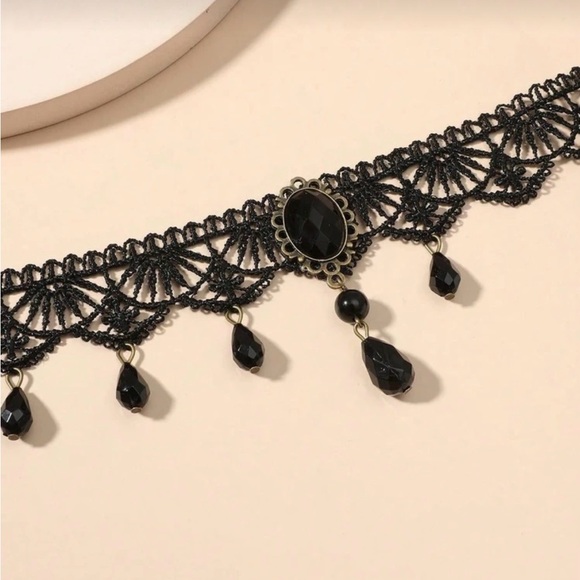 Black Lace Gothic Choker Necklace with Teardrop Crystals - Picture 3 of 3